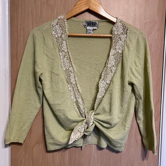 Vintage Green Lace Trim Tie Front Cardigan Cottage Coquette Small - Picture 1 of 4
